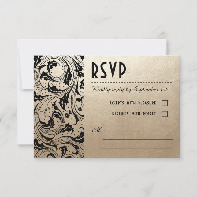 Nouveau Dream Wedding RSVP Cards - Gold & Black (Front)