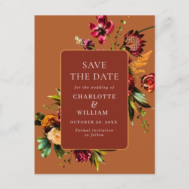 Nouveau Flowers Wedding Save the Date QR Code Postcard (Front)