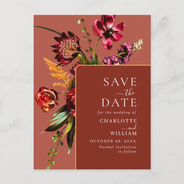 Nouveau Flowers Wedding Save the Date QR Code Postcard (Front)