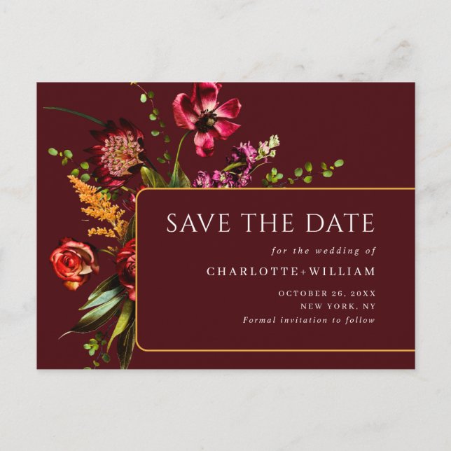 Nouveau Flowers Wedding Save the Date QR Code Postcard (Front)