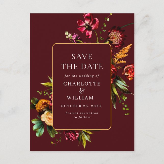 Nouveau Flowers Wedding Save the Date QR Code Postcard (Front)