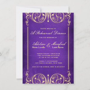 Nouveau Victorian Gold Aubergine Rehearsal Dinner Invitation