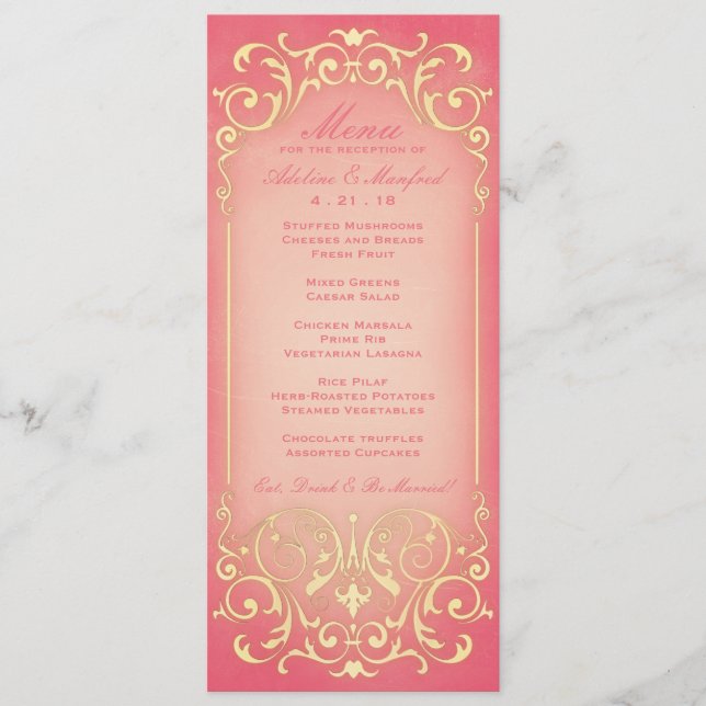 Nouveau Victorian: Raspberry & Gold Wedding Menu (Front)