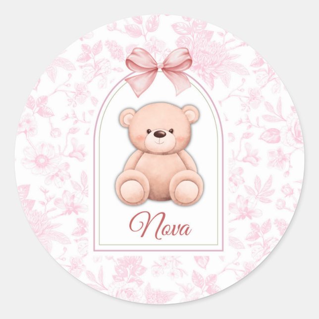 Nova | Custom Pink Teddy Bear Nursery Design  Classic Round Sticker (Front)