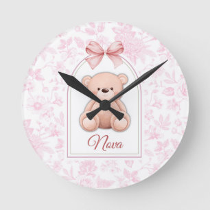 Nova Custom Pink Teddy Bear Nursery Design Round Clock