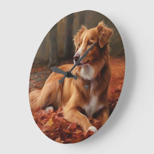 Nova Scotia Duck Terrier In Autumn Leaves Fall  Large Clock