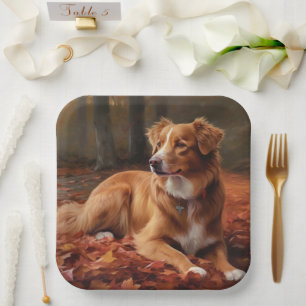 Nova Scotia Duck Terrier In Autumn Leaves Fall Paper Plate