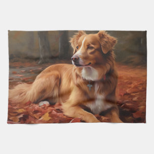 Nova Scotia Duck Terrier In Autumn Leaves Fall Tea Towel