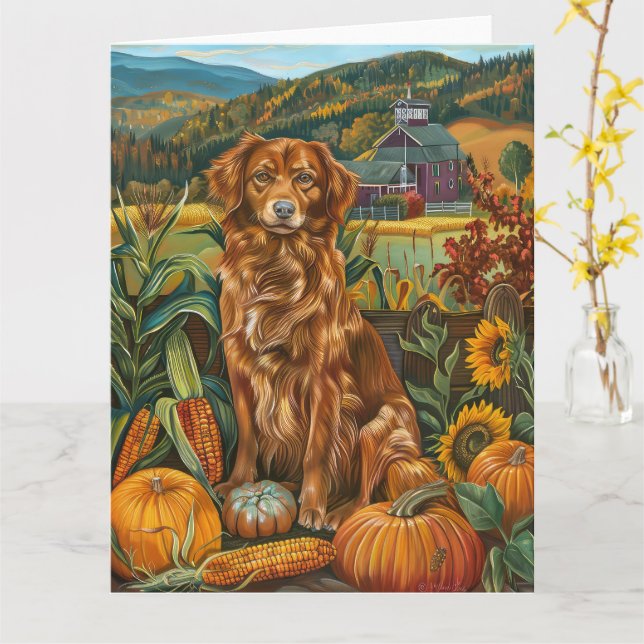 Nova Scotia Duck Toller Dog Autumn Thanksgiving Card (Yellow Flower)