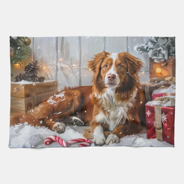 Nova Scotia Duck Toller Dog Christmas Festive Tea Towel (Horizontal)