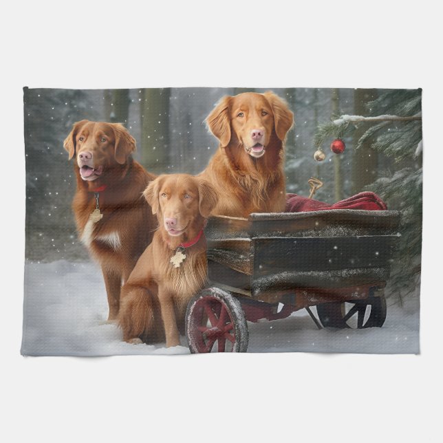Nova Scotia Duck Toller Retriever Snowy Sleigh Tea Towel (Horizontal)