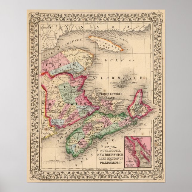 Nova Scotia, New Brunswick, Map by Mitchell Poster (Front)