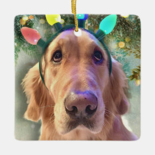 Nova The Golden Retriever -Christmas Lights Ceramic Ornament