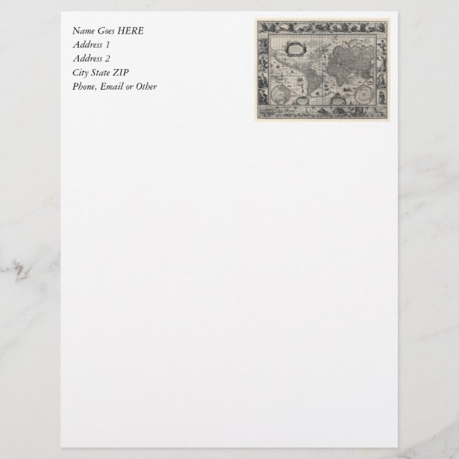 Nova totius terrarum, 1606 Antique World Map Personalized Letterhead (Front)