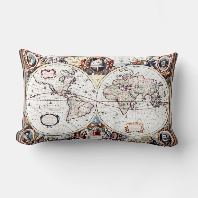 Nova Totius Terrarum Orbis by Henricus Hondius II Lumbar Cushion (Front)
