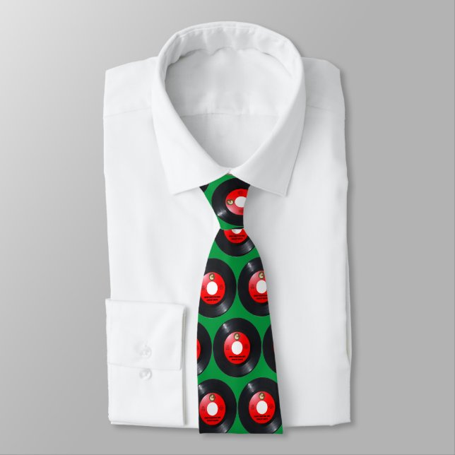 NOVELTY CHRISTMAS NECK TIE, Santa red 45RPM retro Tie (Tied)