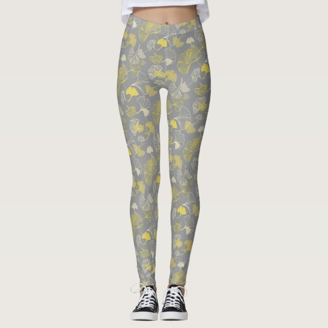 Novelty Ginkgo Grey and Yellow Pattern Leggings (Front)