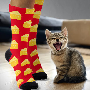 Novelty Stinky Cheese Pattern - Funny Food on Red Socks