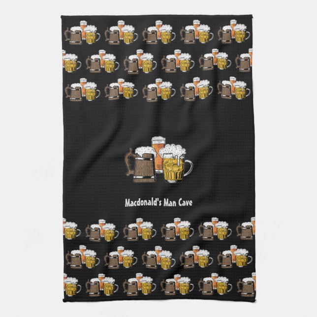 Novelty Three Beers Cartoon CUSTOM PHOTO Black Tea Towel (Vertical)