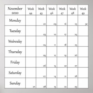 november 2020 planner calendar with week number poster