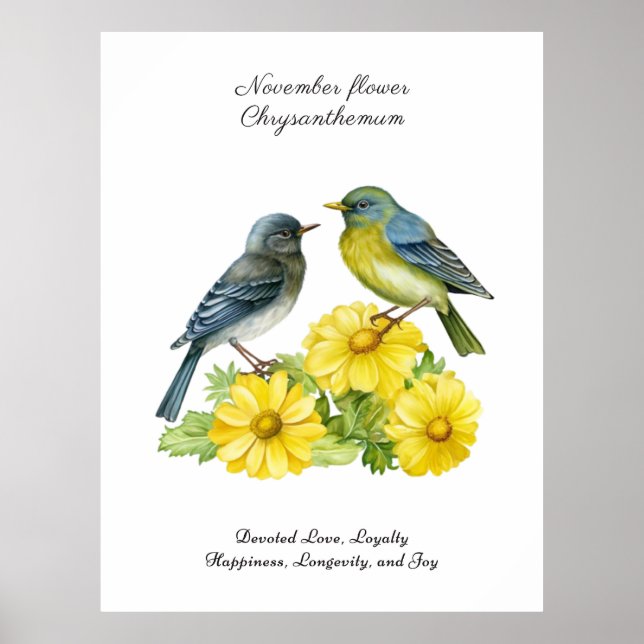 November Birth Month Flower Chrysanthemum Birds Poster (Front)