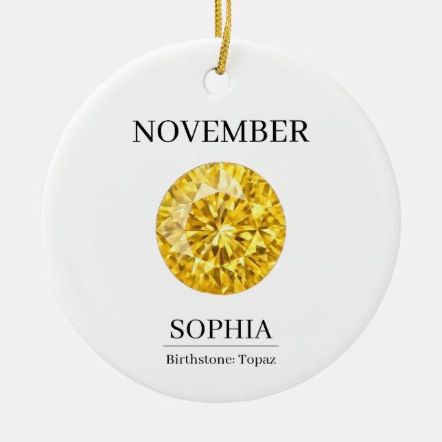 November Birthstone Birthday Name Topaz Ceramic Tree Decoration (Front)