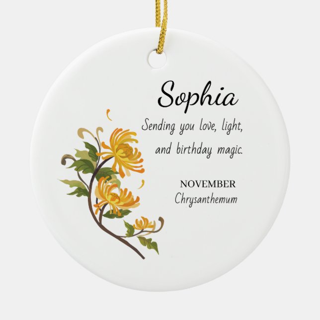 November Chrysanthemum Personalised Birthday Ceramic Tree Decoration (Front)
