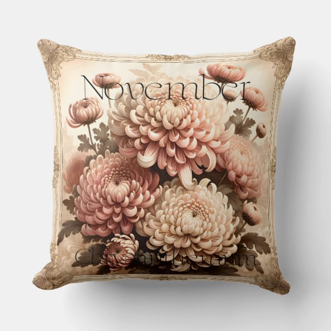 November Chrysanthemum Vintage Floral Birth  Cushion (Front)