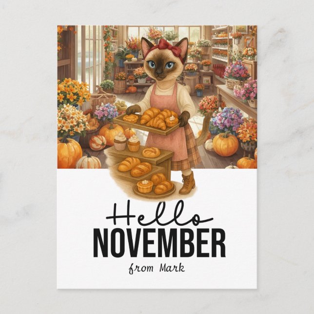 November Greeting from Cat Lovers Bakery  Holiday Postcard (Front)