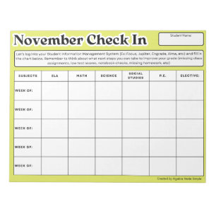 November Student Check In Weekly Grade Progress Notepad