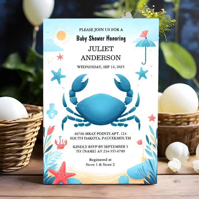 Now Beach Ocean Catch Navy Blue Crab Baby Shower Invitation (Creator Uploaded)