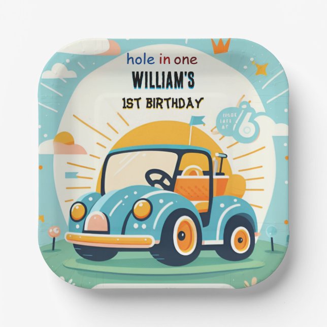 now boy cute golf hole in one first 1st birthday paper plate (Front)