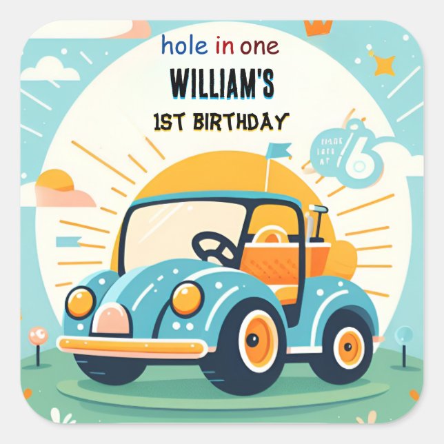 now boy cute golf hole in one first 1st birthday square sticker (Front)