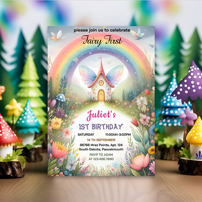 now cute Floral Pink girl fairy first 1st birthday Invitation (Creator Uploaded)
