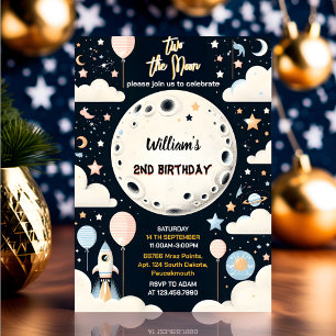 Now Cute Space night sky Two The Moon 2nd Birthday Invitation