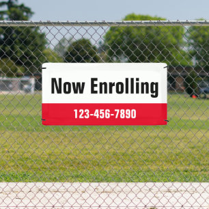 Now Enrolling Red Black White School Phone Number Banner