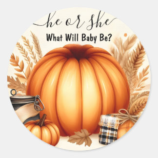 Now Farm Pink Blue Fall Girl Pumpkin Gender Reveal Classic Round Sticker