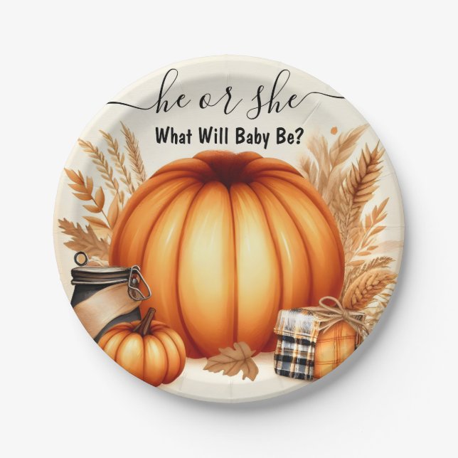 Now Farm Pink Blue Fall Girl Pumpkin Gender Reveal Paper Plate (Front)