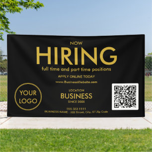 Now Hiring Modern Gold Business Logo QR Code Black Banner