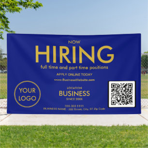 Now Hiring Modern Gold Business Logo QR Code Blue Banner