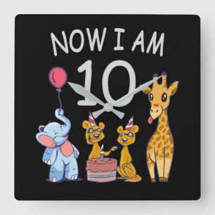 Now I am 10 years old 10th Birthday at the Zoo Square Wall Clock