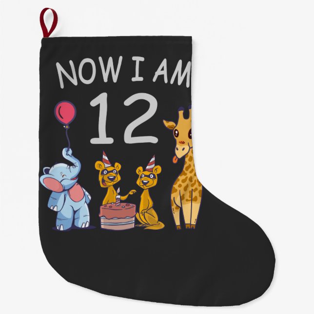 Now I am 12 years old 12th Birthday at the Zoo Large Christmas Stocking (Front)