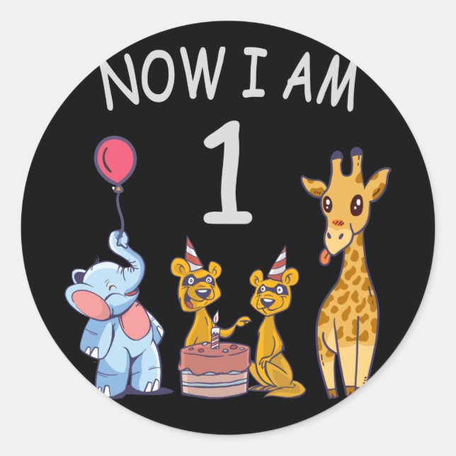 Now I am 1 year old 1st Birthday at the Zoo Classic Round Sticker (Front)