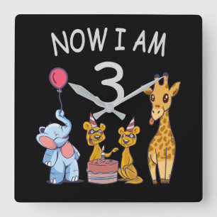 Now I am 3 year old 3rd Birthday at the Zoo Square Wall Clock