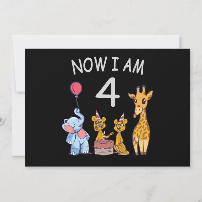 Now I am 4 year old 4th Birthday at the Zoo Invitation (Front)