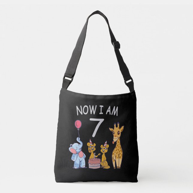 Now I am 7 years old 7th Birthday at the Zoo Crossbody Bag (Front)