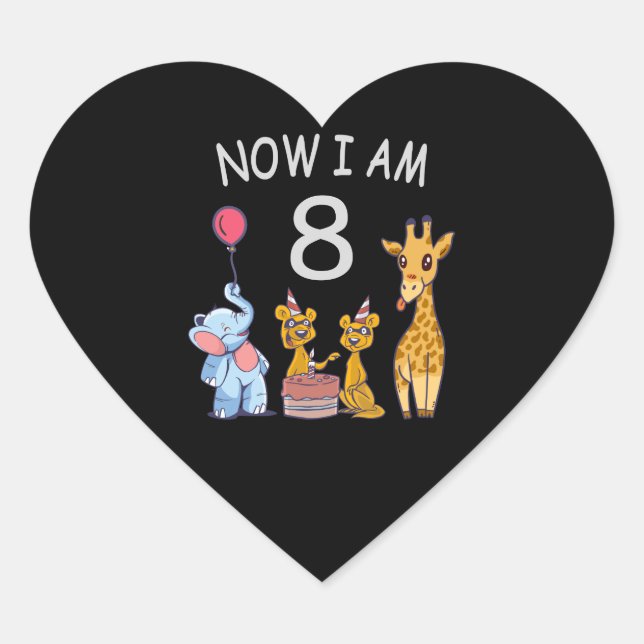Now I am 8 years old 8th Birthday at the Zoo Heart Sticker (Front)