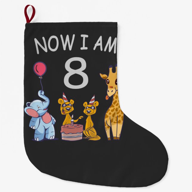 Now I am 8 years old 8th Birthday at the Zoo Large Christmas Stocking (Front)