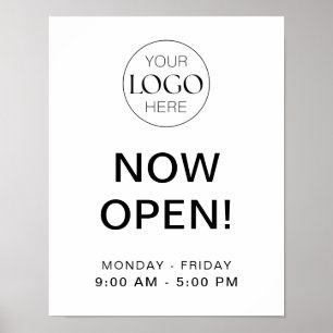 Now Open Business Opening Times With Logo Poster