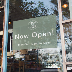 Now Open l Business Hours Opening Sage Green Logo